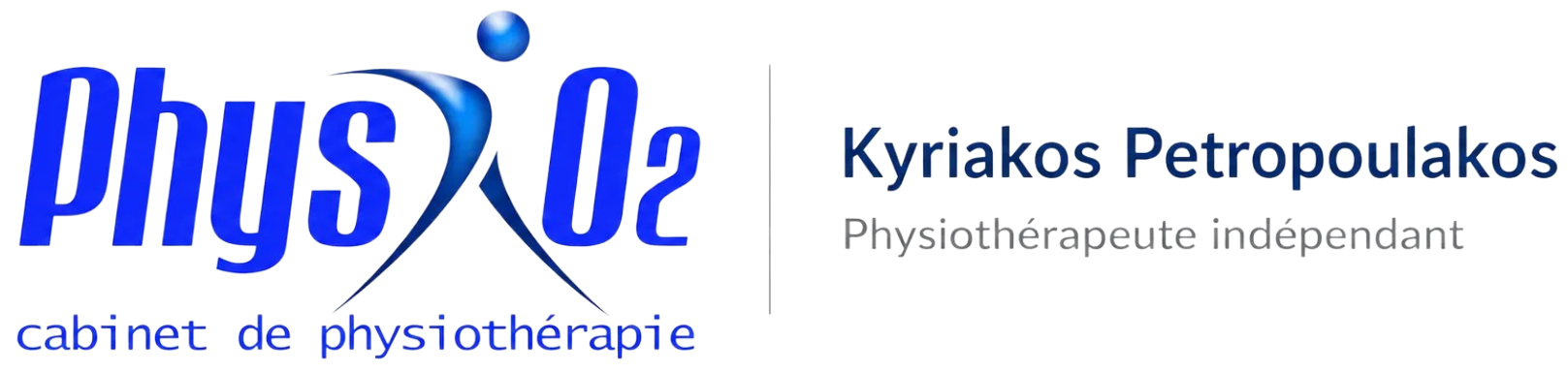 Logo pour Physio2, identité visuelle bleue et blanche d'une clinique de physiothérapie portant le nom de Kyriakos Petropoulos