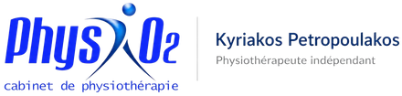 Logo pour Physio2, identité visuelle bleue et blanche d'une clinique de physiothérapie portant le nom de Kyriakos Petropoulos