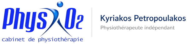 Logo pour Physio2, identité visuelle bleue et blanche d'une clinique de physiothérapie portant le nom de Kyriakos Petropoulos