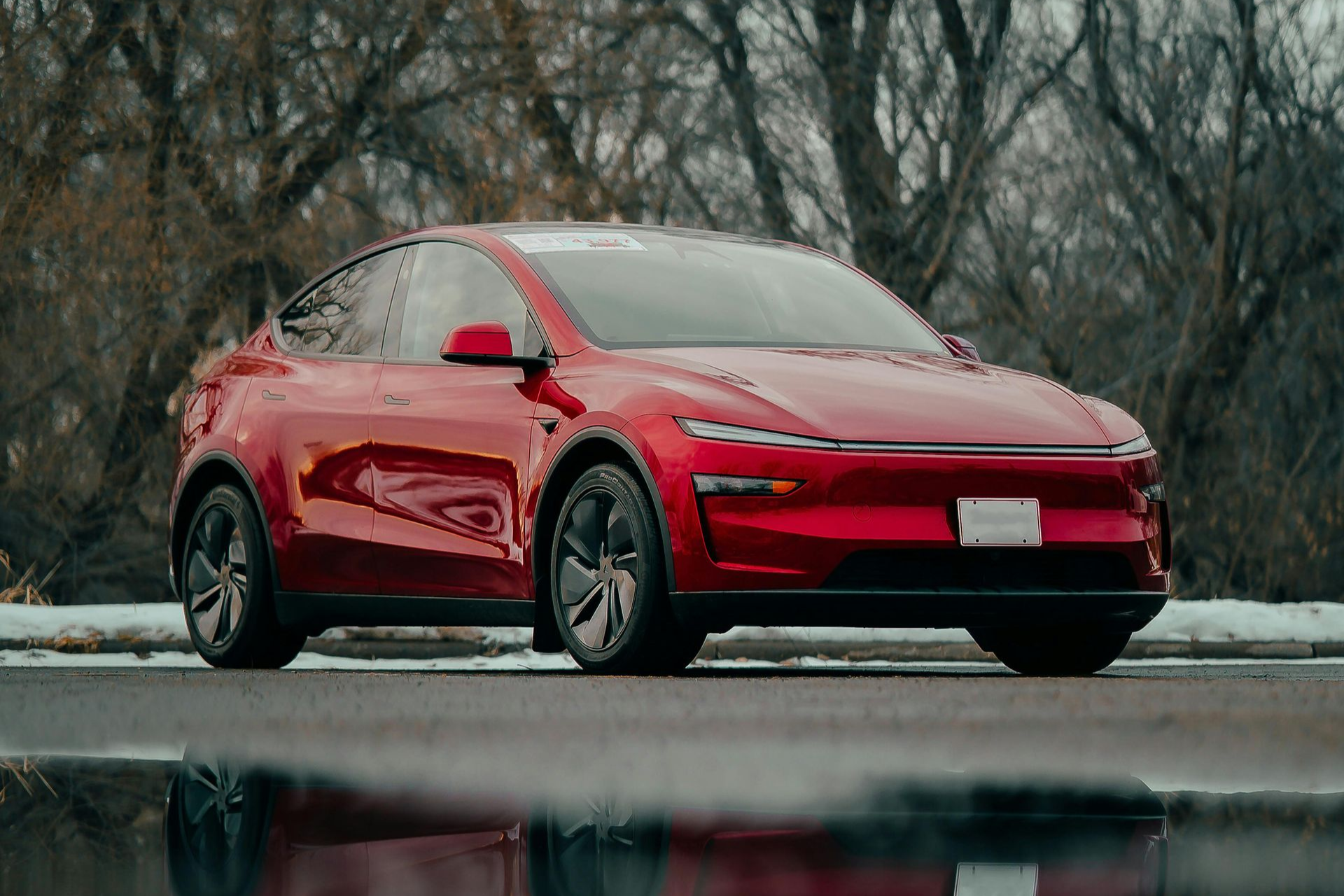 A sleek red electric car parked on a paved surface near a forest during an overcast day, reflecting in a puddle.