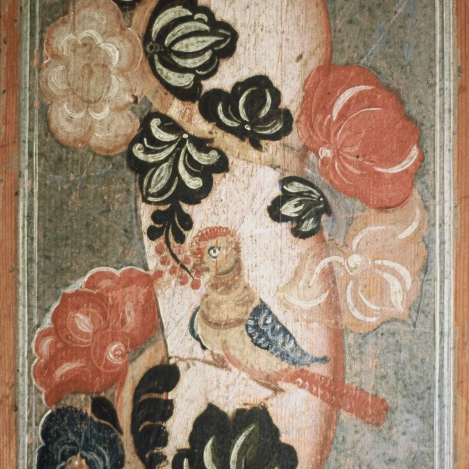 Traditionelle Bauernmalerei aus dem Toggenburg mit Blumen und Vogel im Ackerhus