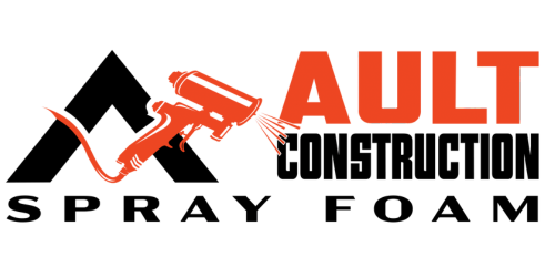 Logo for Ault Construction. Black triangle and orange spray gun with the words 