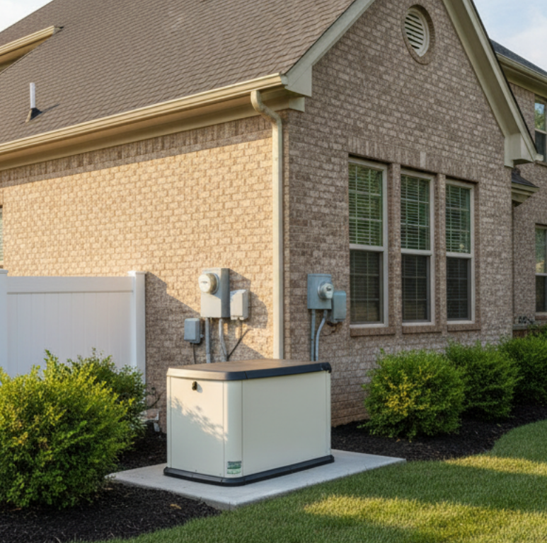 A standby generator installed beside a brick house, surrounded by bushes, on a concrete pad.