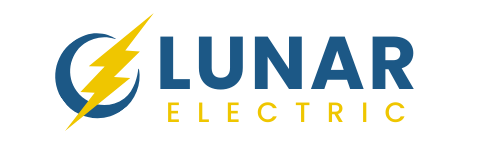 Logo of Lunar Electric, a blue lightning bolt inside a blue circle next to the text