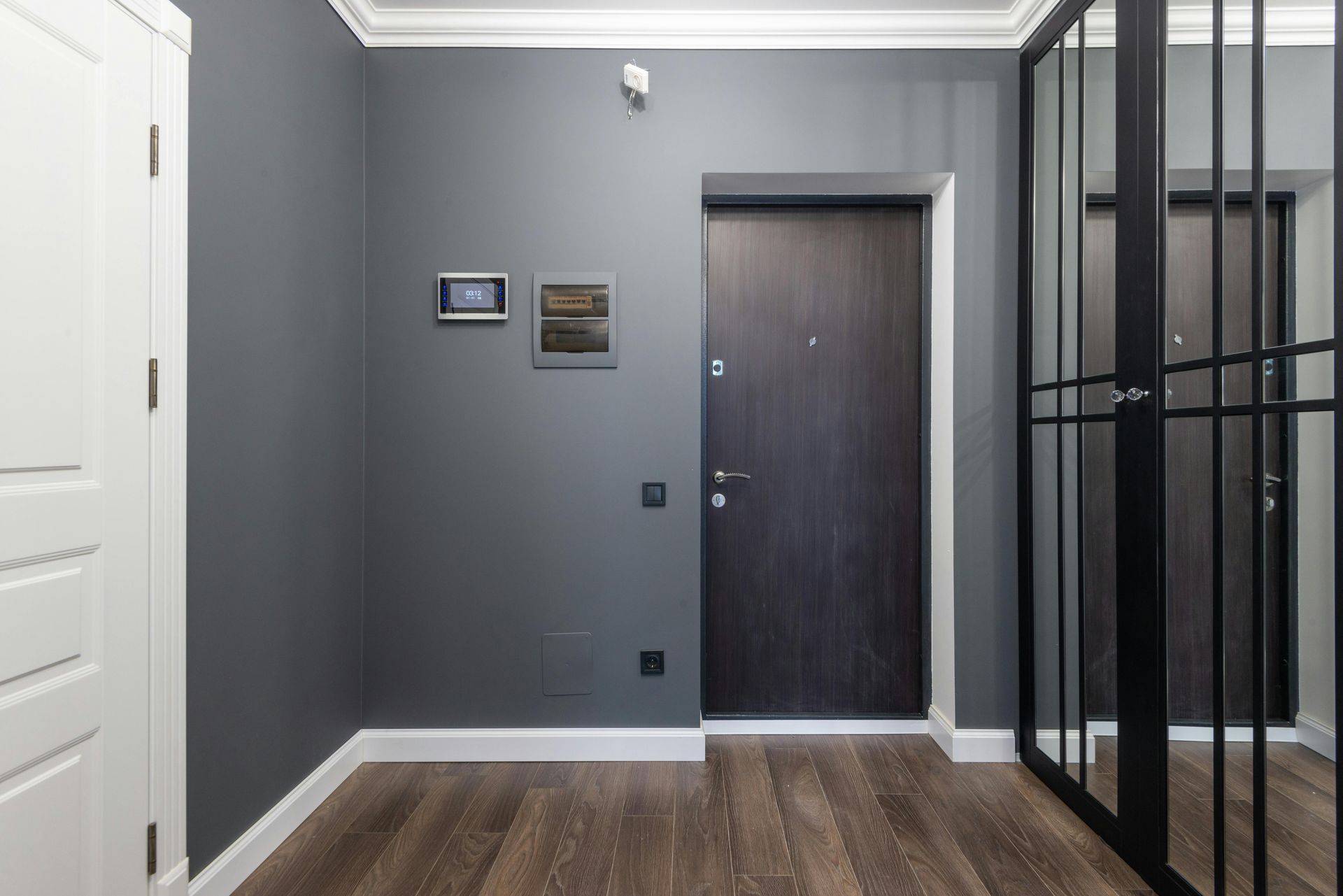 Dark gray entryway with a dark wood door, mirror, and white trim.
