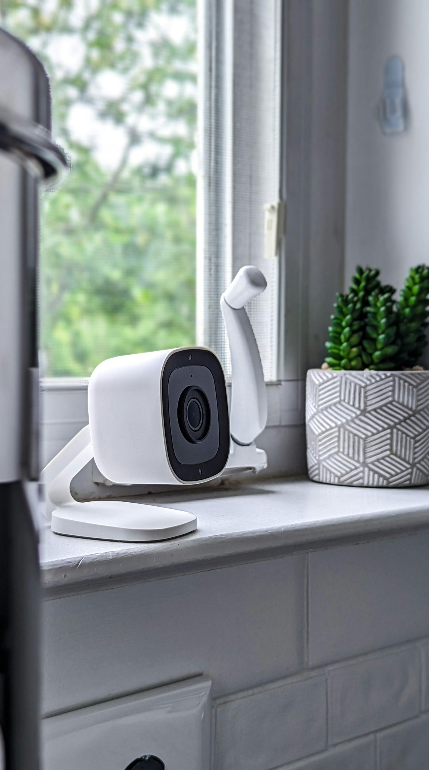 A white wireless security camera sits on a white windowsill next to a small potted cactus in a patterned planter.