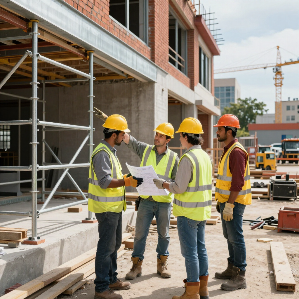 Four construction workers in hard hats and safety vests stand on a job site, reviewing blueprints near a metal scaffold.