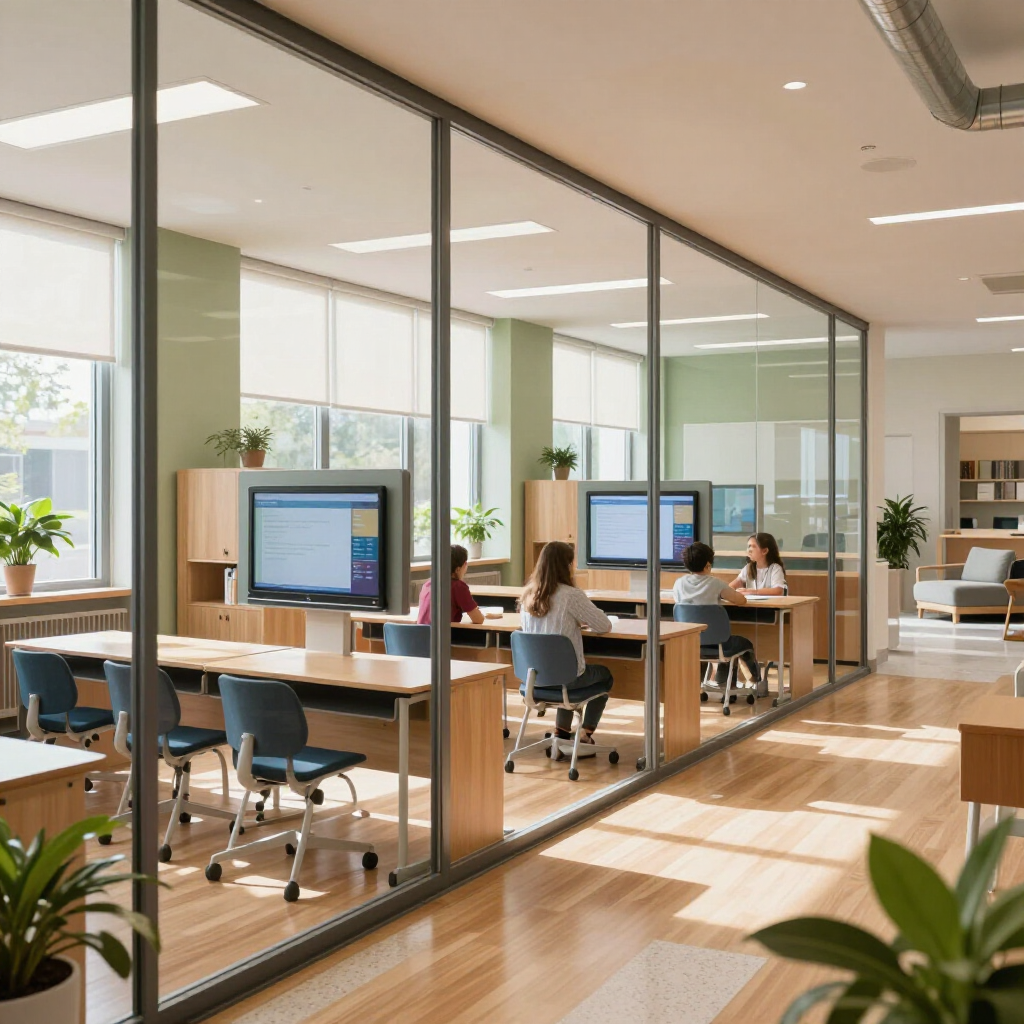 A modern, sunlit office space with glass partitions, wooden desks, computers, and people working at workstations.