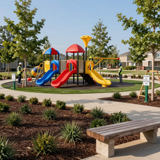 A colorful playground structure with slides and a climbing area, surrounded by a grassy park, trees, and a wooden bench.