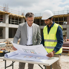 A professional in a suit and a worker in a high-visibility vest review blueprints on a table at a construction site.