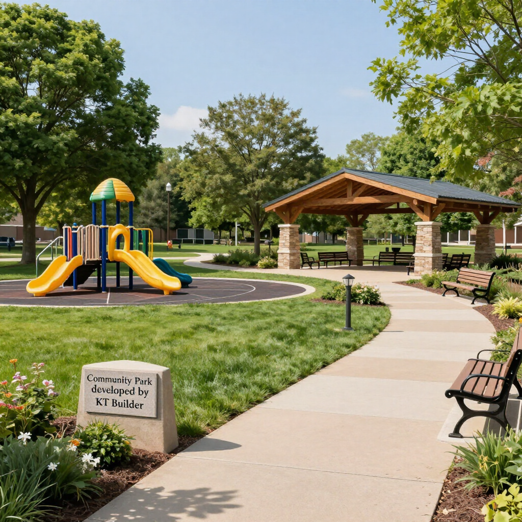 A colorful playground and open-air pavilion in a sunny park with a paved path, green trees, and benches.