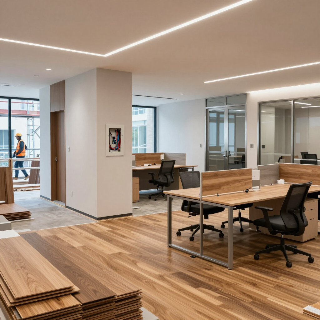 Modern office interior with wooden floors, open desks, and a glass-walled conference room under renovation.