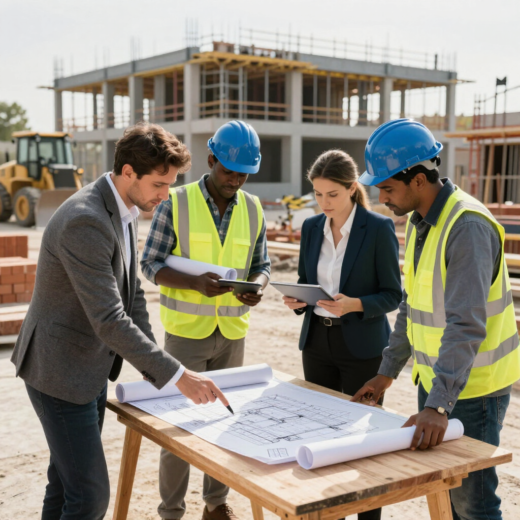 Four professionals in business and safety gear review construction plans on a table at an active building site.