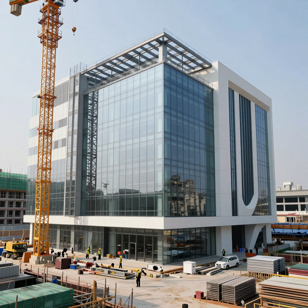 A multi-story glass-facade building under construction with a yellow crane alongside on a clear, sunny day.