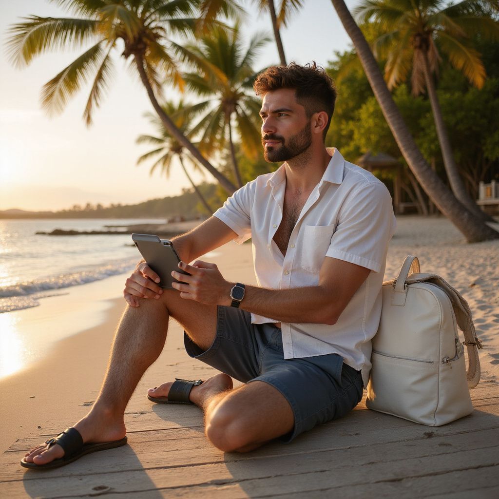Man sitting on a beach at sunset, using a tablet beside a backpack and palm trees.