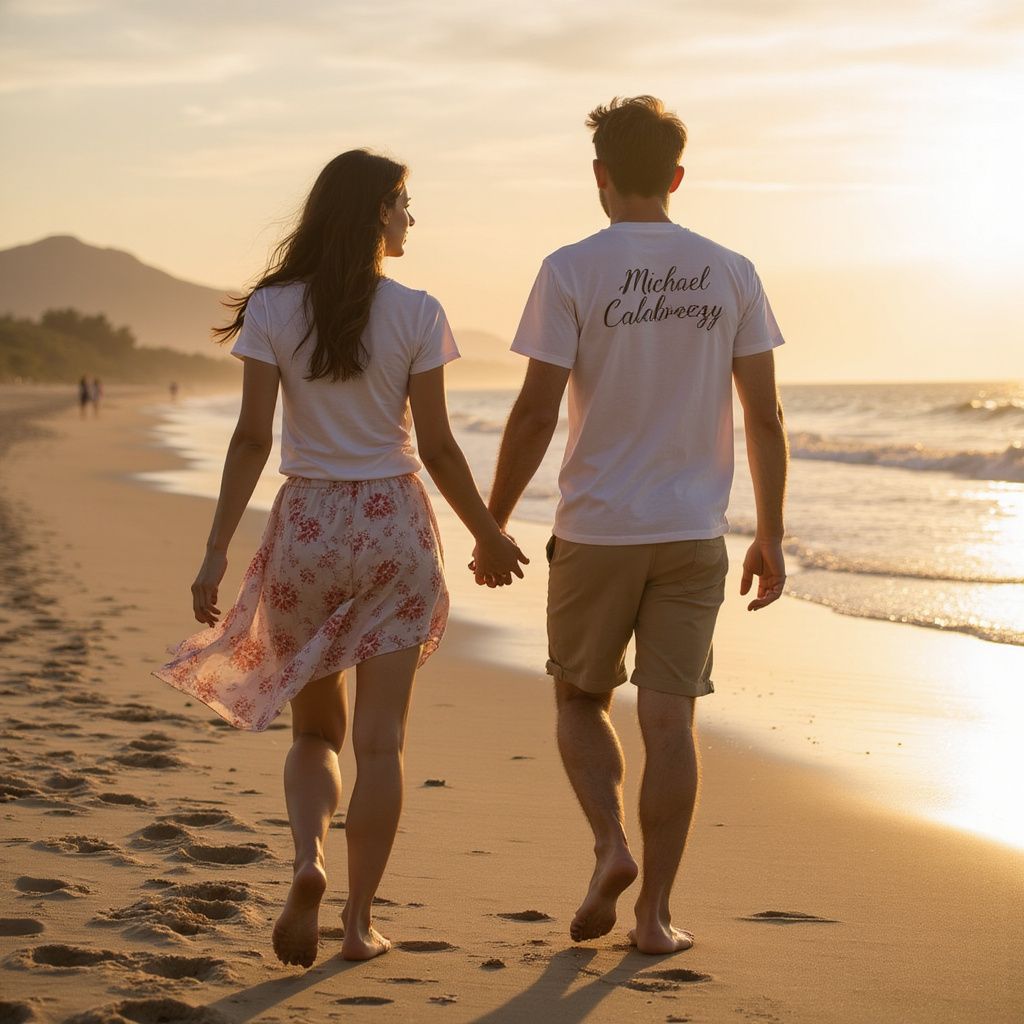 Couple walking hand in hand on a beach at sunset, with waves and a warm golden sky.