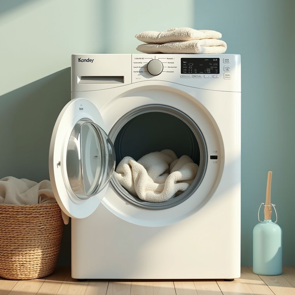 Front-loading washer with laundry and folded towels in a bright laundry room