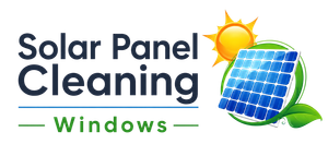 Solar panel cleaning logo with blue solar panel, sun, green leaves, and &ldquo;Windows&rdquo; text