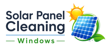 Solar panel cleaning logo with blue solar panel, sun, green leaves, and &ldquo;Windows&rdquo; text