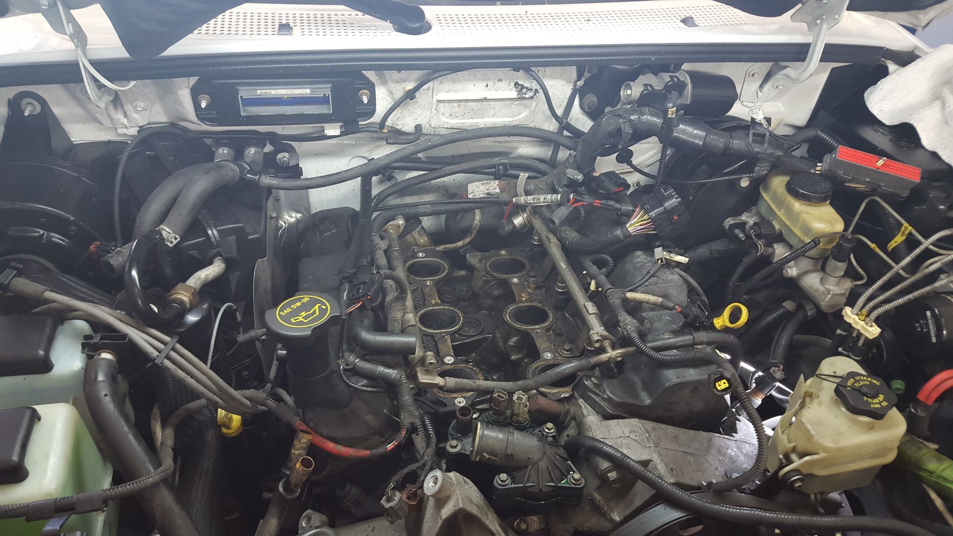 An overhead view of an open Ford engine bay with the intake manifold removed, revealing the engine block and components.