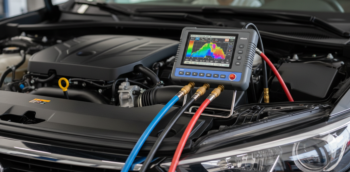 A digital diagnostic tool connected to a car engine with red, blue, and black hoses, displaying data on a color screen.