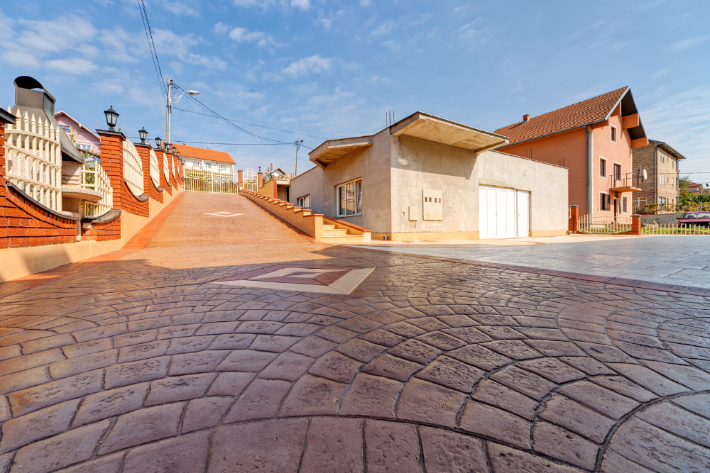 A brick walkway leading to a house with a garage and stairs.