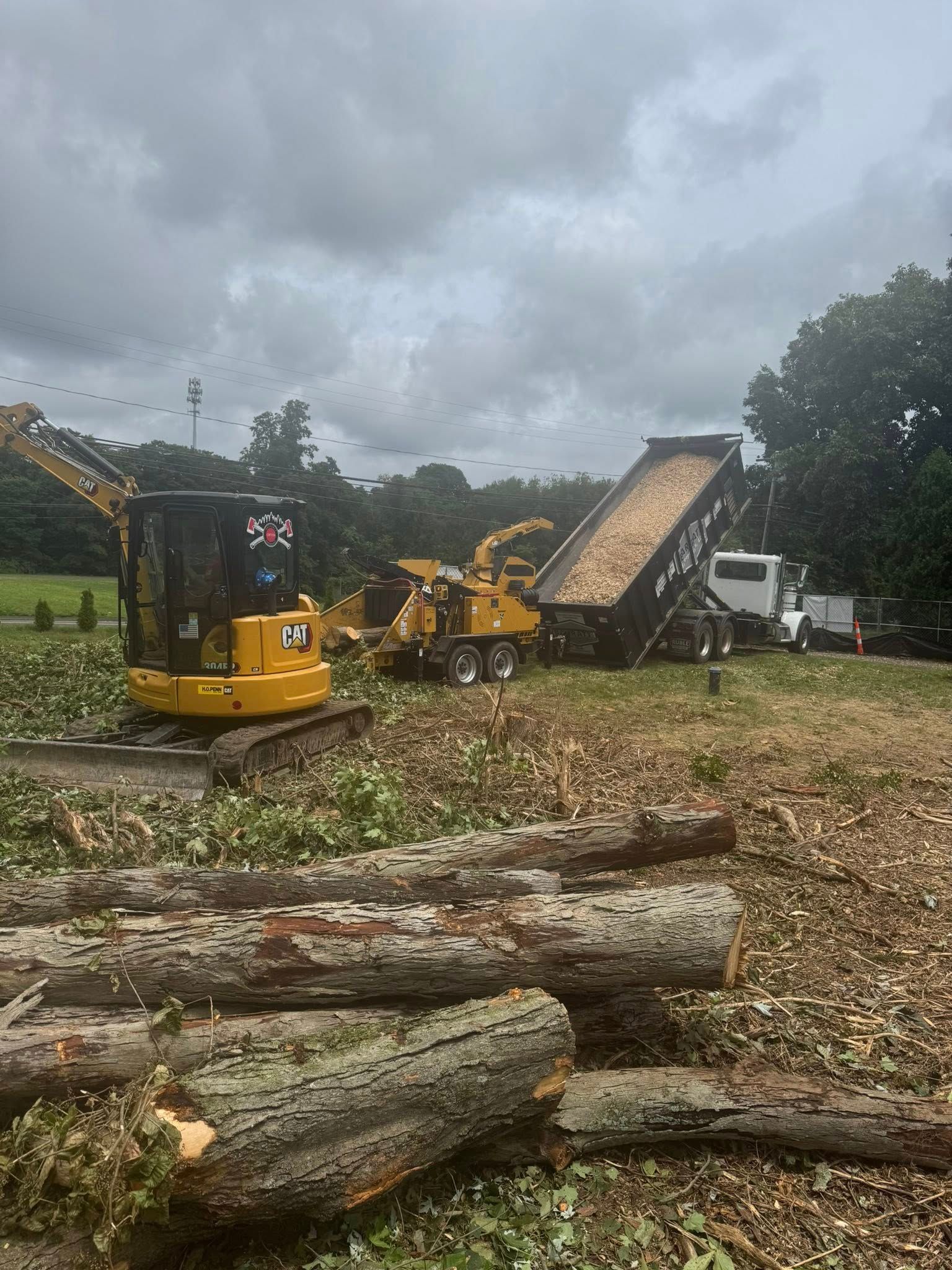 A yellow excavator, wood chipper, and dump truck filled with wood chips at a land clearing site under a cloudy sky.