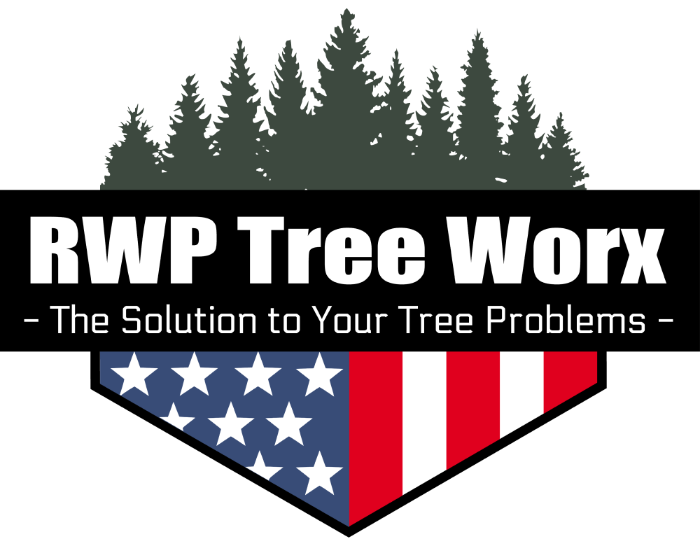 Logo for RWP Tree Worx with a forest silhouette, black text, and an American flag shield design.
