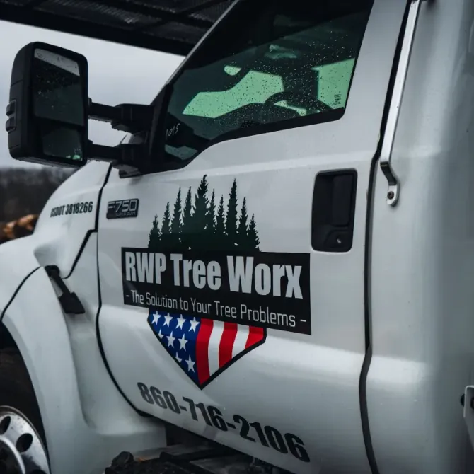 White commercial truck door displaying