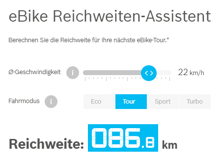 A screenshot of a website that says ebike reichweiten assistent