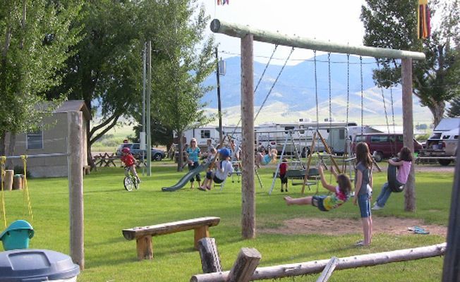 A group of children are playing on swings in a park.