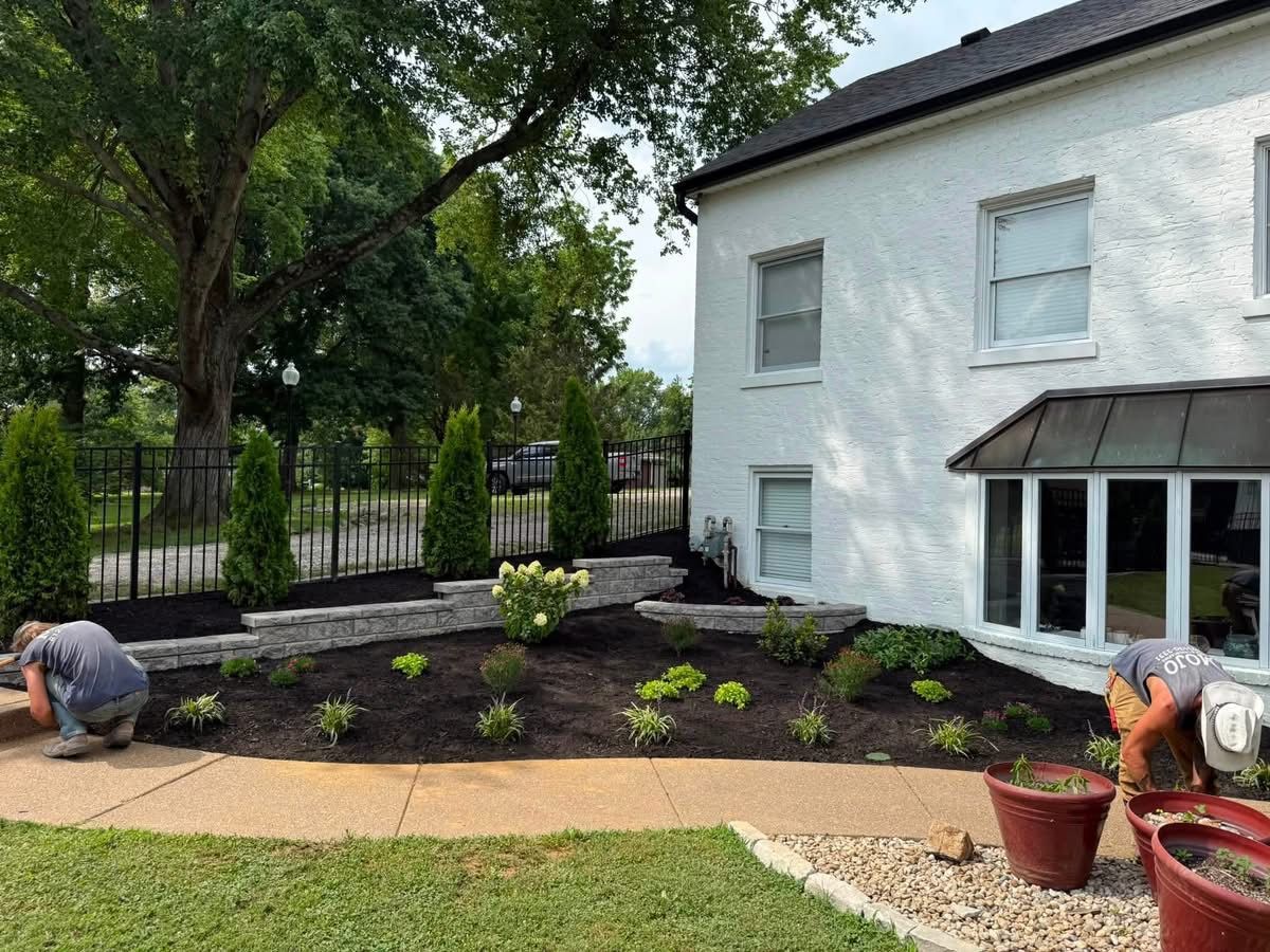 Landscaped front yard with freshly planted shrubs beside a white house; two people working in the garden.