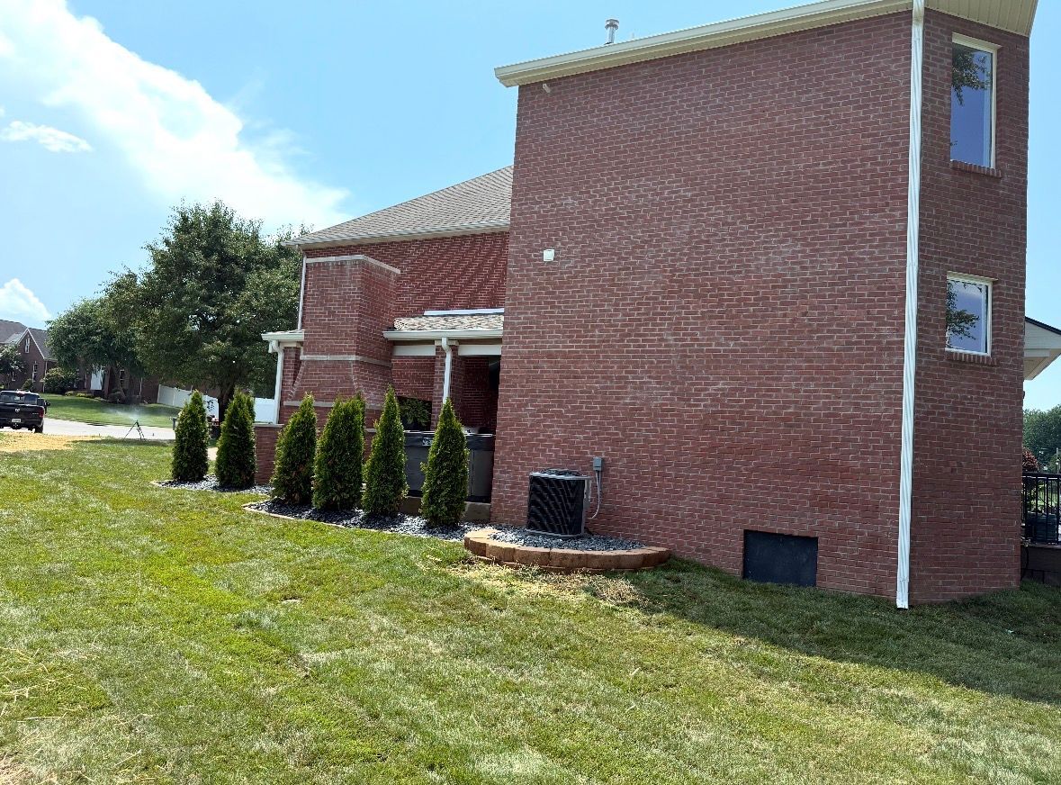 Brick two-story house with a small front entry, conical shrubs, and a green lawn under a blue sky