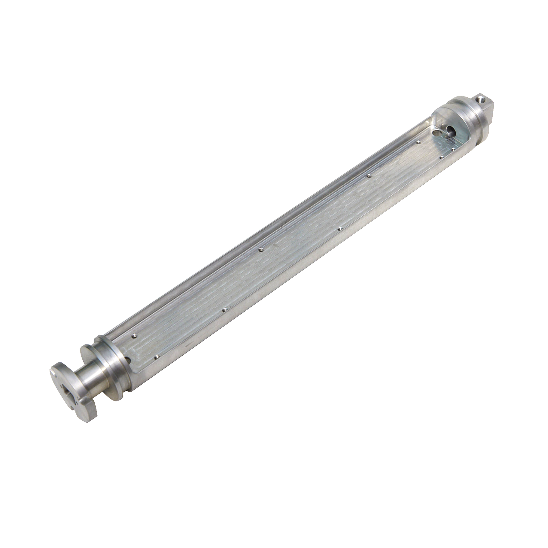 A close up of a metal pipe on a white background.