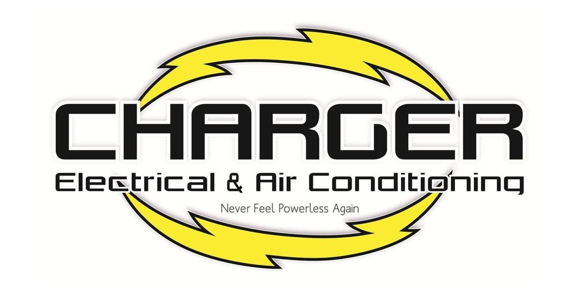 CHARGER Electrical & Air Conditioning logo with black text and yellow lightning-ring graphic