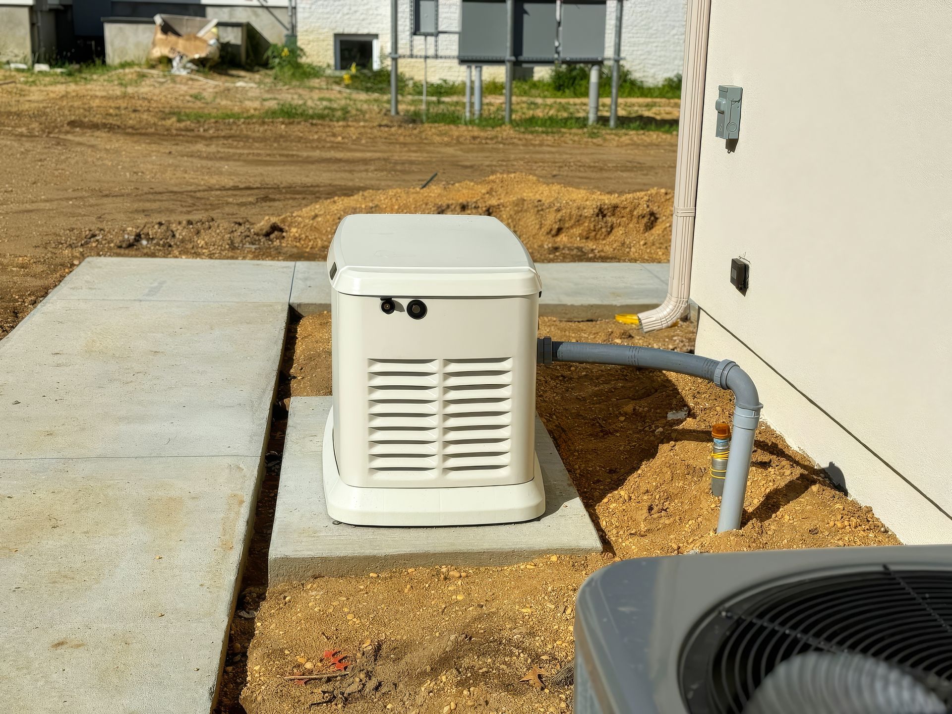 White outdoor generator on a concrete pad beside a house, with a gray pipe and gravel around it