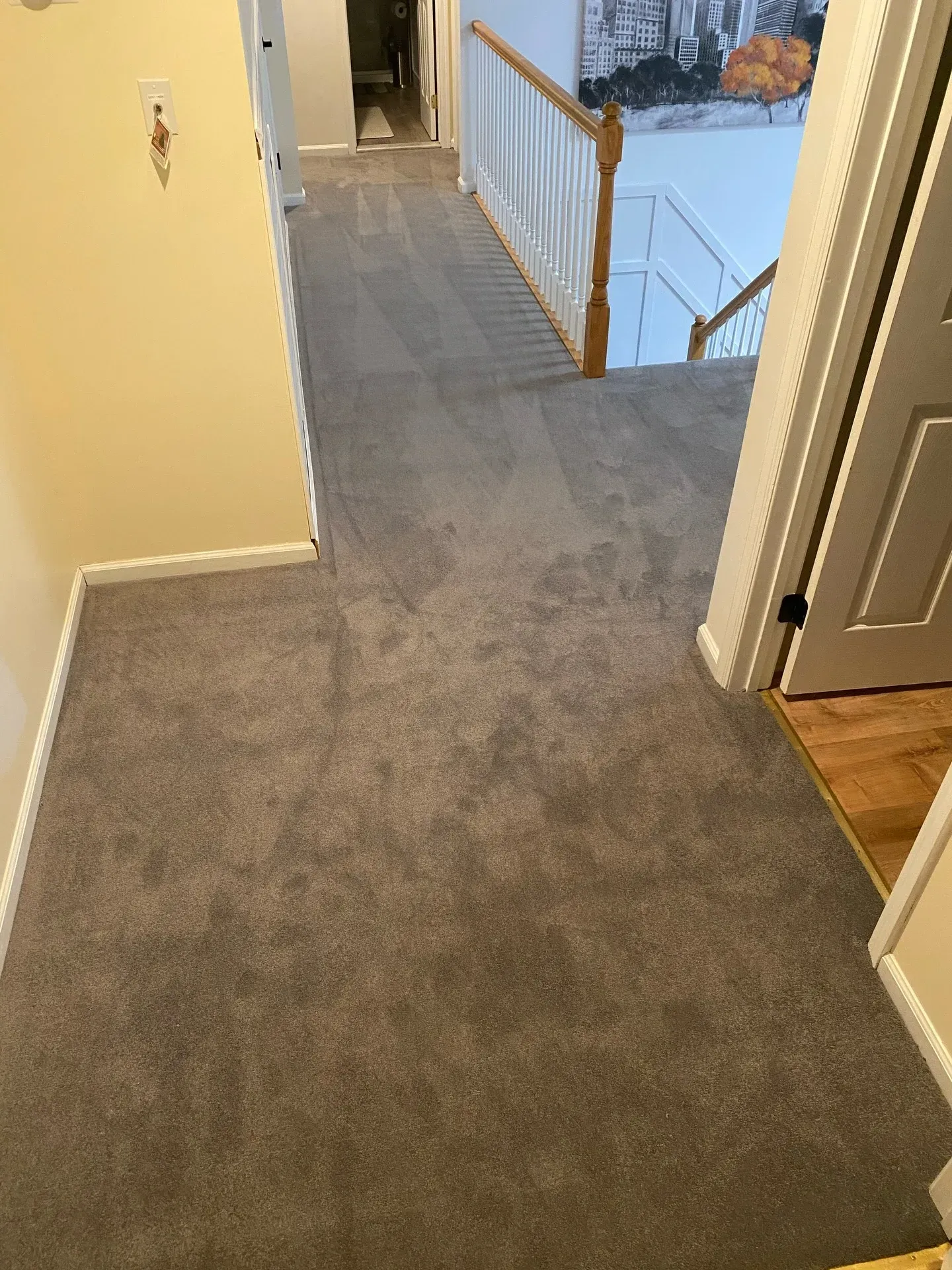Carpeted hallway landing with white railing, yellow walls, and staircase leading down to a lower floor.