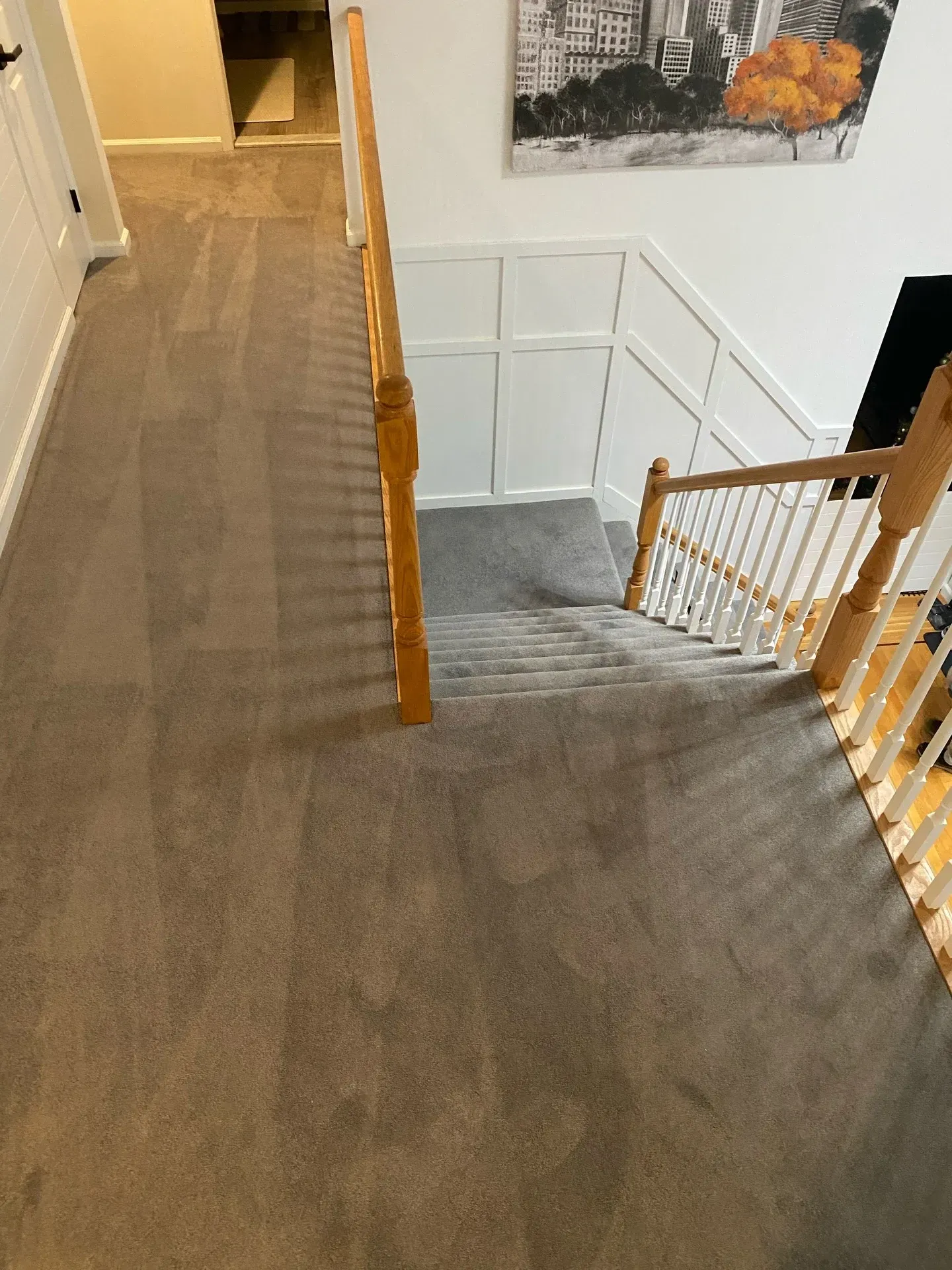 Carpeted upstairs landing overlooking a stairwell with white railing and a framed wall print