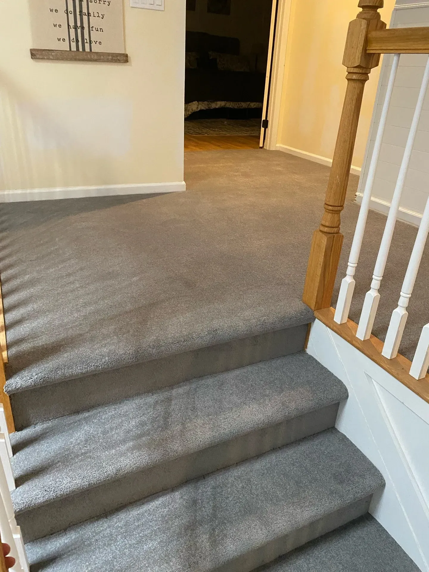 Carpeted indoor stairs with three steps, beige walls, and a wooden handrail leading to a hallway