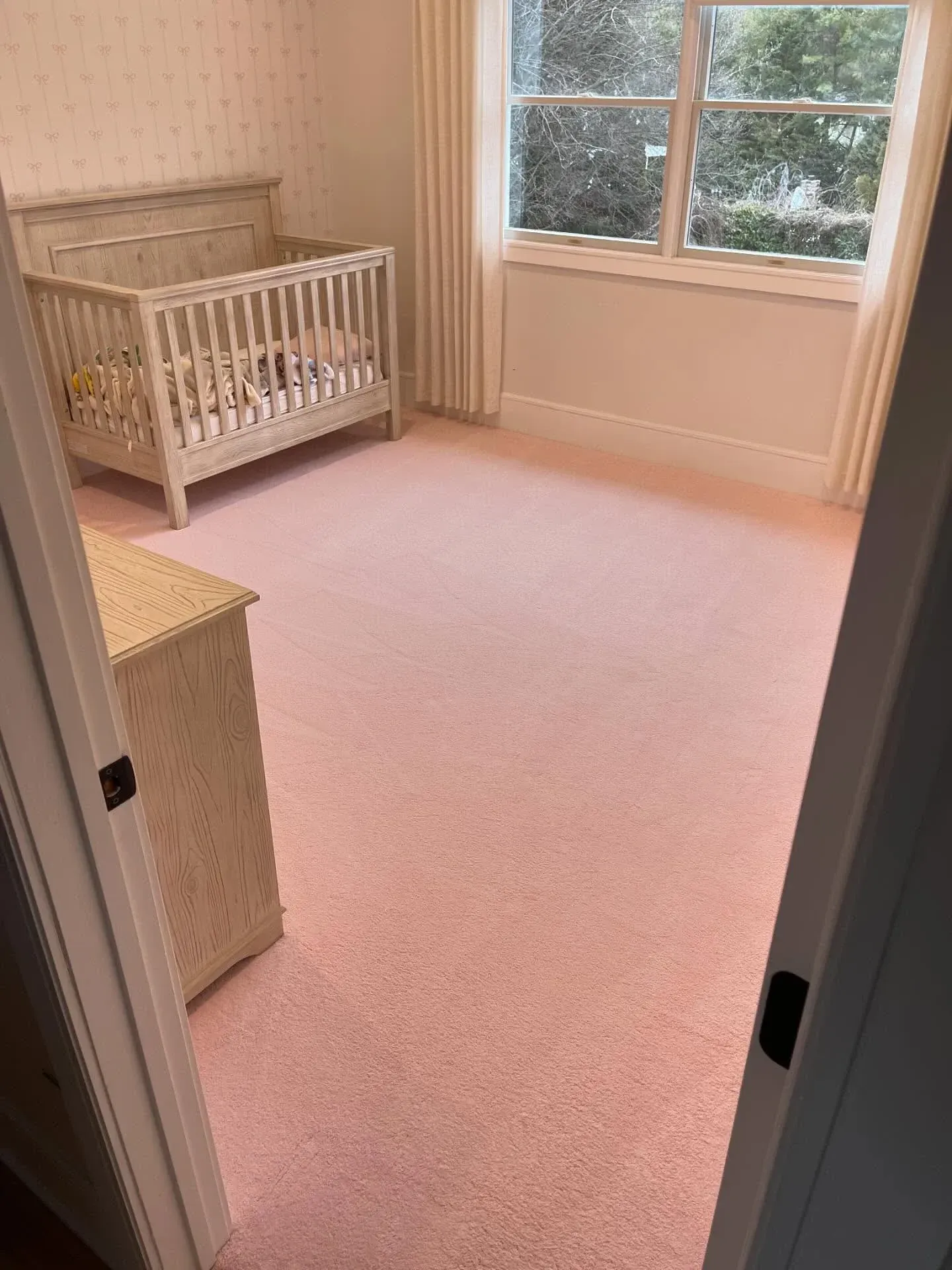 Empty nursery with a white crib, pink carpet, and large window.