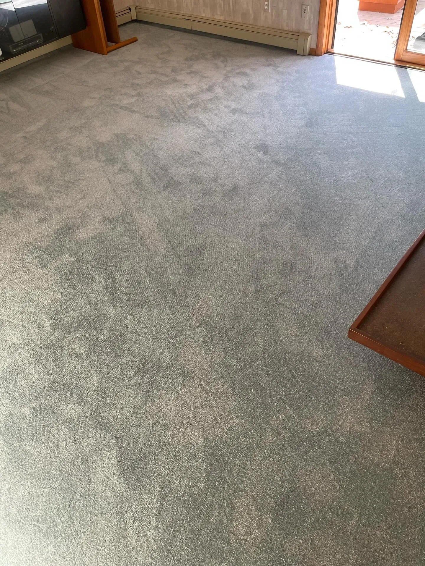 Empty gray carpeted room with sunlight coming through a doorway.