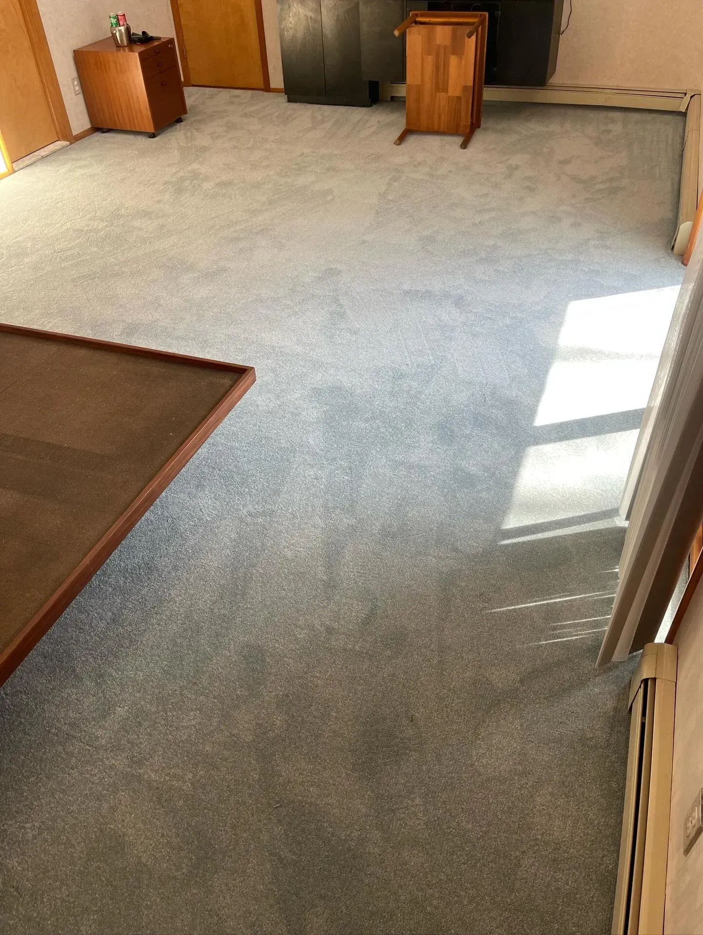 Empty carpeted living room with wooden furniture and sunlight on the floor
