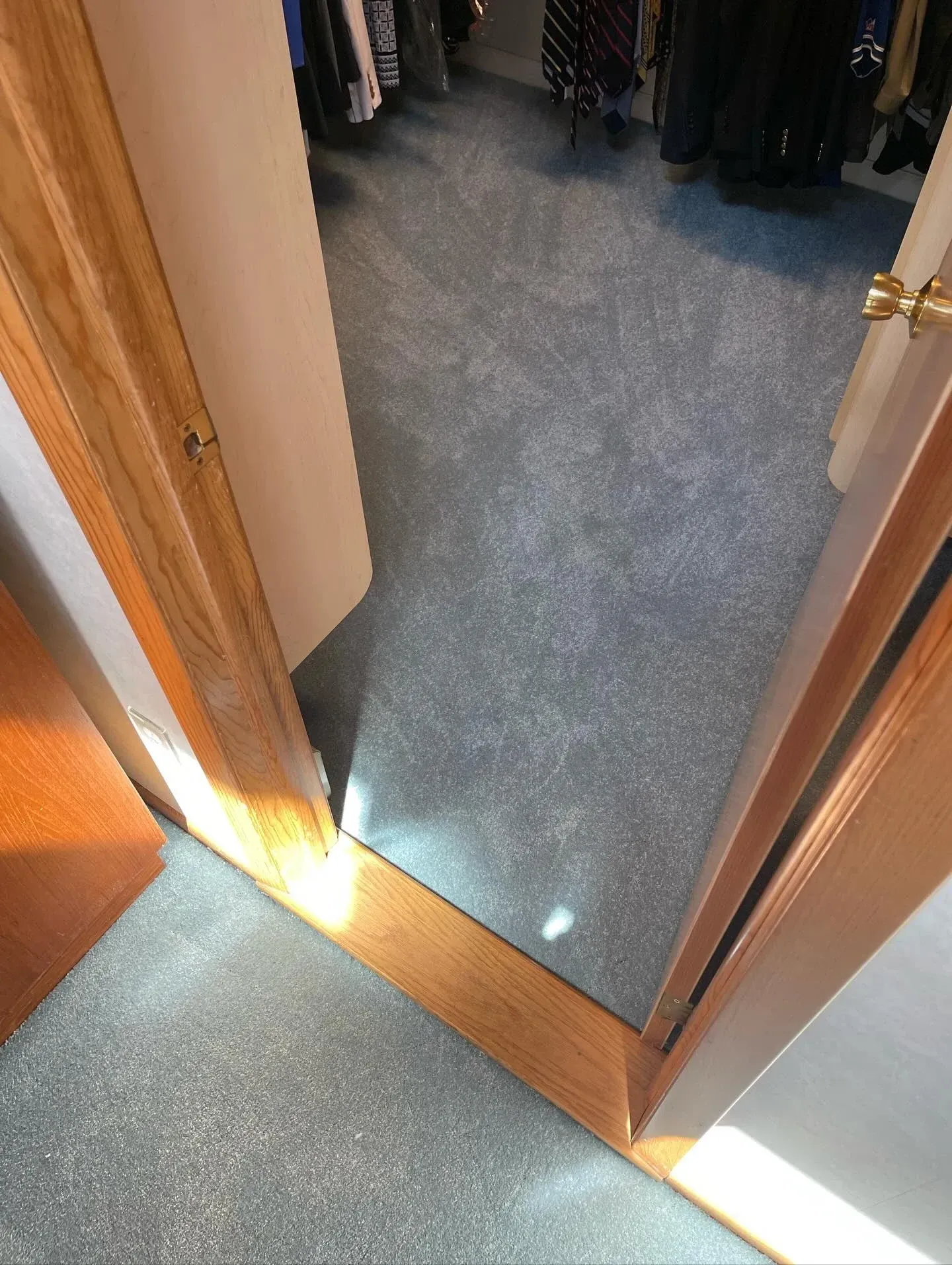 Open closet door revealing carpeted floor and hanging clothes inside.