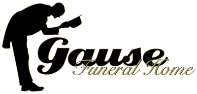 Black silhouette of a bowing person beside the Gause Funeral Home logo on a white background