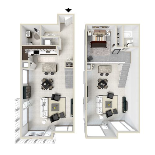 Floor plan of a two-story apartment, with living areas, kitchen, bedroom, and bathroom.