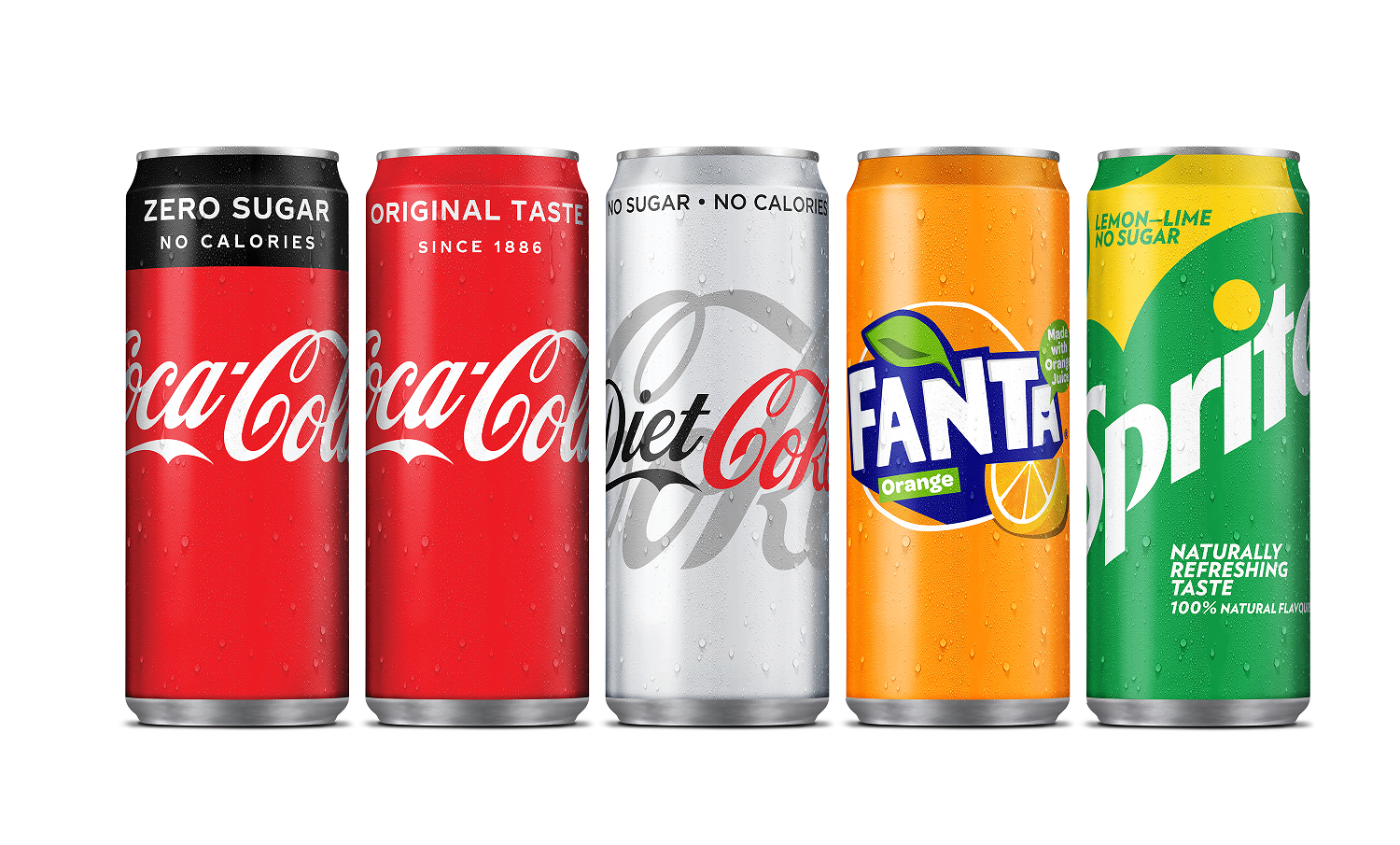 A row of cans of soda including coca cola , fanta , and sprite.