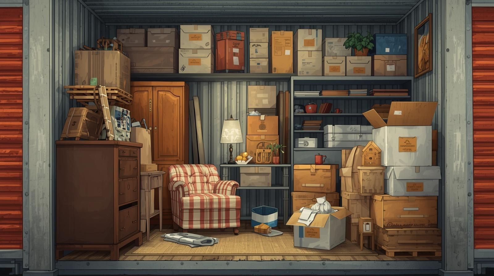 Storage unit with furniture and boxes for a 3 bedroom house.