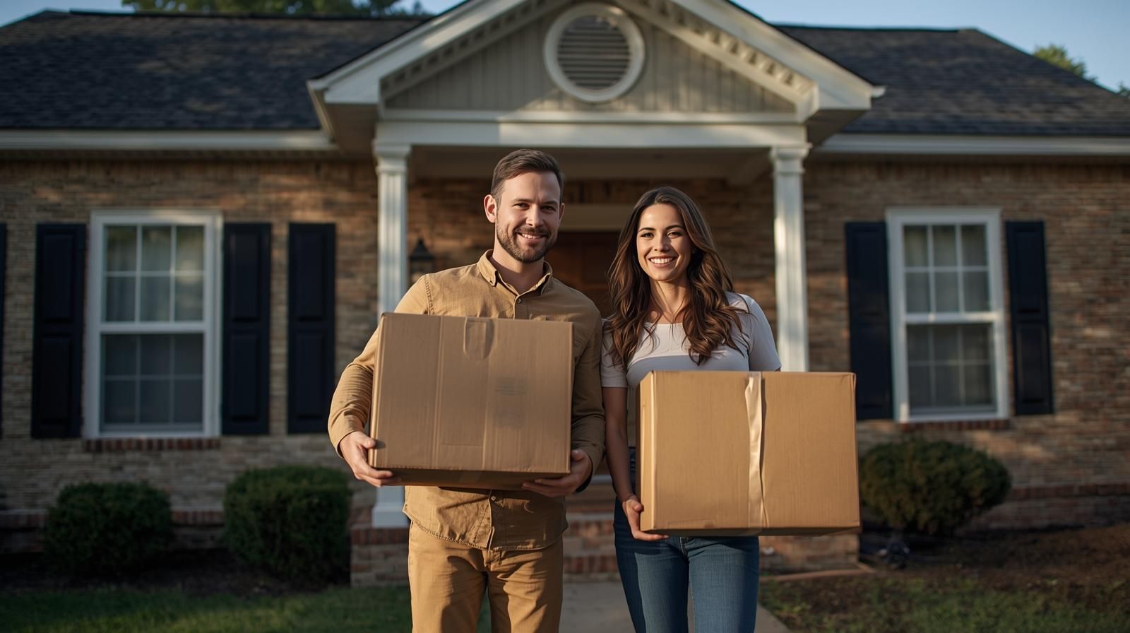 Couple moving to Little Rock, AR, carrying boxes into their new home.