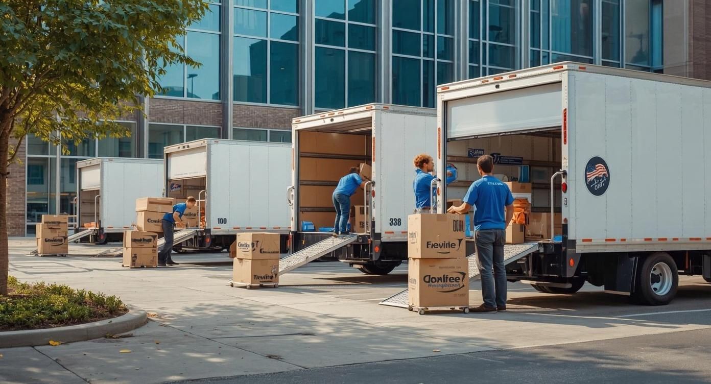 Moving companies in Little Rock, AR, loading boxes into moving trucks.