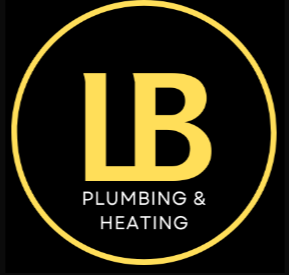 The logo for lb plumbing and heating is yellow on a black background